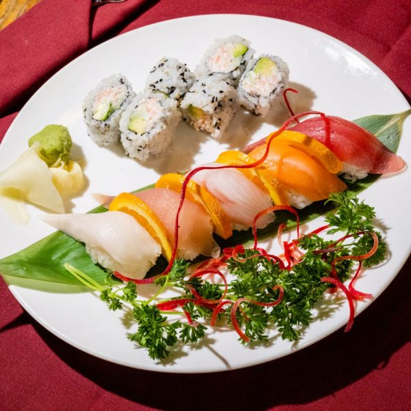 A plate with a variety of sushi on it.