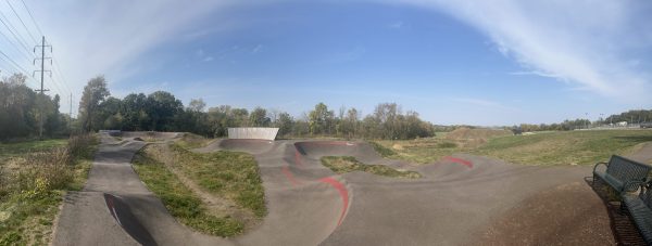 Panoramic view of Middleton Bike Park’s outdoor skatepark, featuring winding concrete paths, a bike pump track with red edges, grassy areas, and a metal bench on the right under a clear sky.