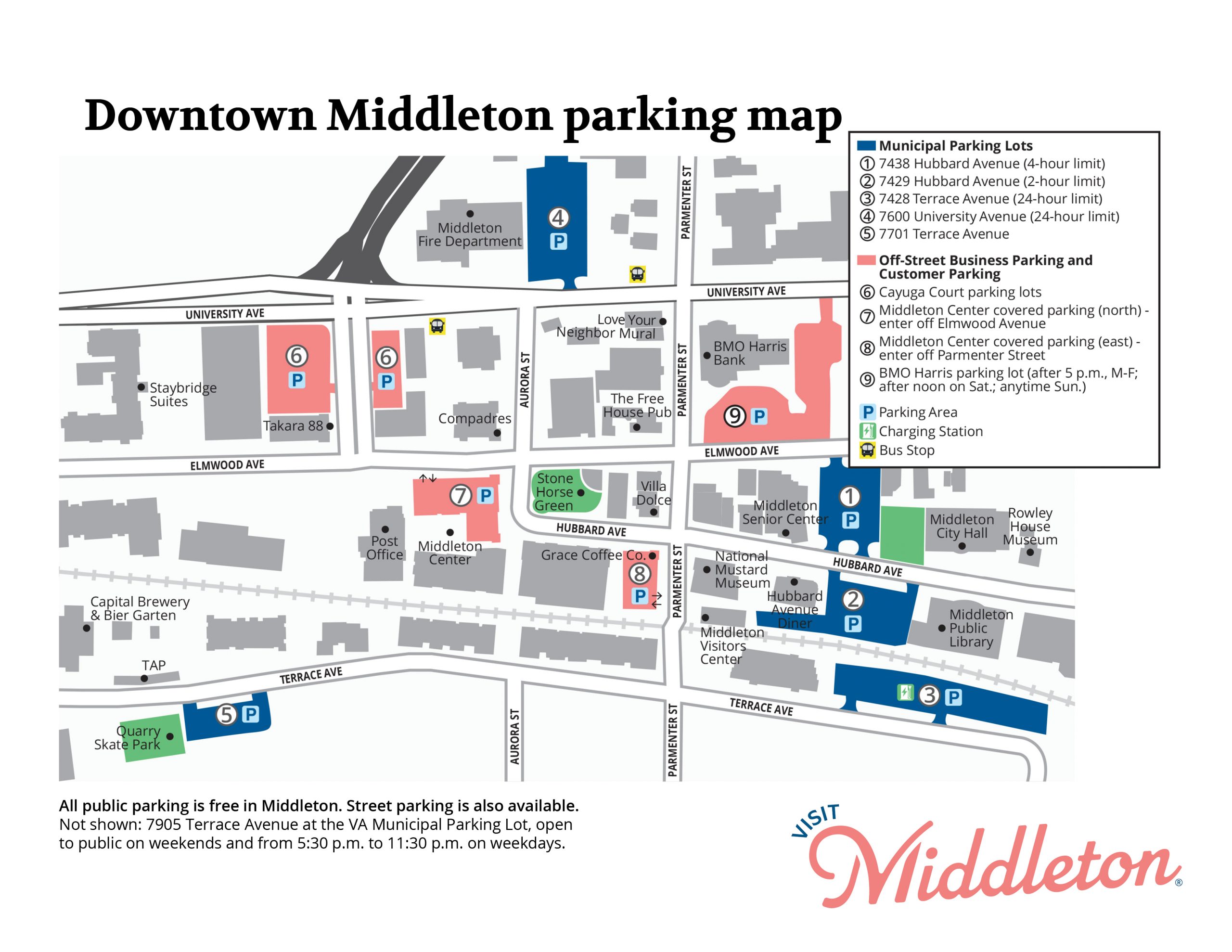 Downtown Middleton Parking Map.2024 Map of Downtown Middleton showing parking areas, streets, and businesses. Includes municipal parking lots and off-street business parking options with time limits.
