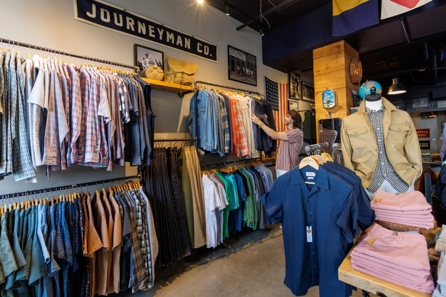 A male shopper browses shirts on racks in a men’s clothing store, with folded clothing and a mannequin in the foreground and more shirts displayed along the walls.