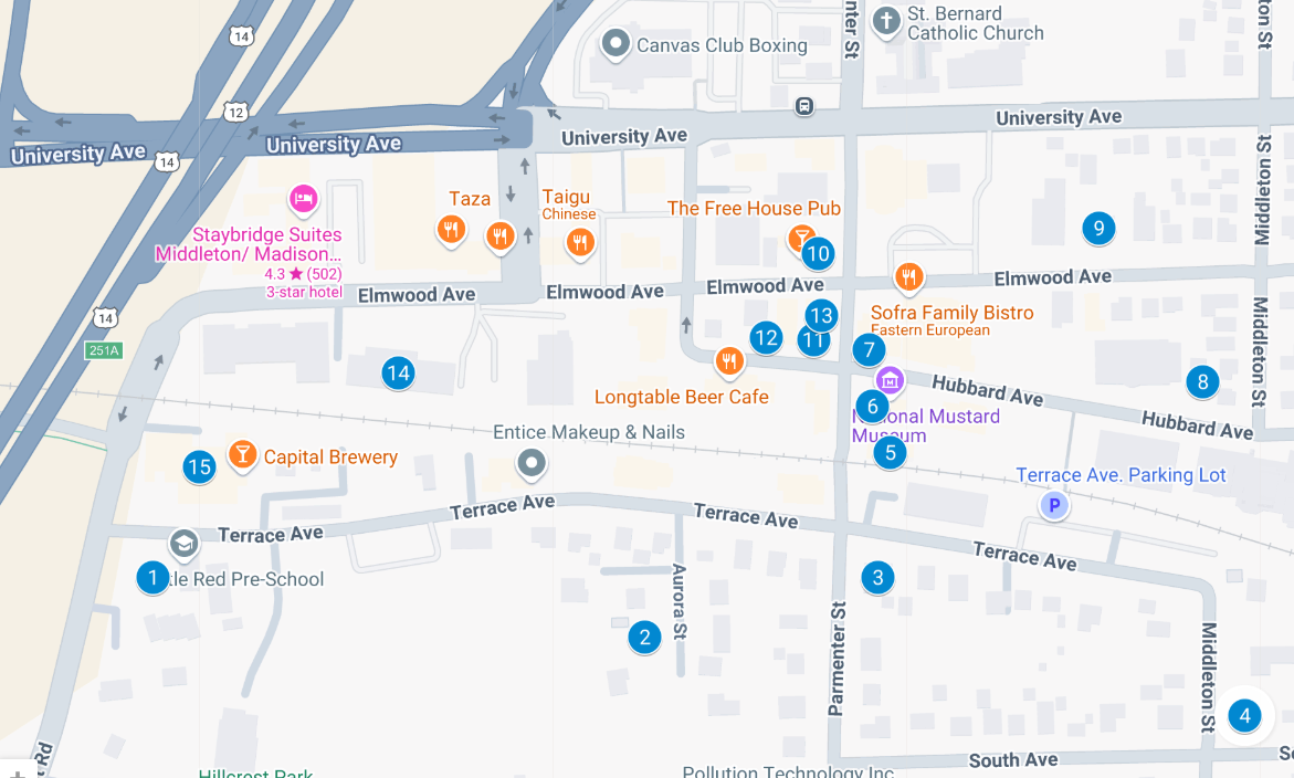 Map showing Elmwood Ave and Terrace Ave in Middleton, WI, highlighting restaurants, businesses, hotels, parking, and points of interest with numbered markers.