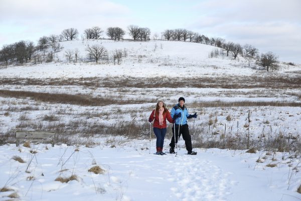 Two people standing in the snow on skis.