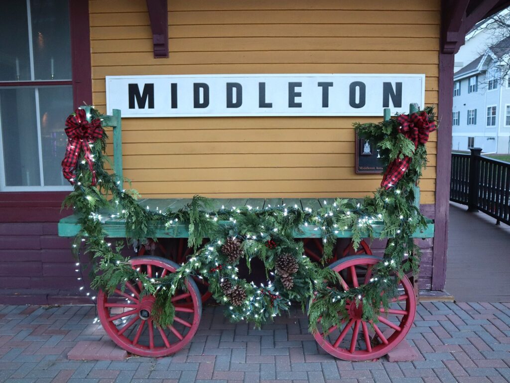 a red wagon with christmas decorations on it