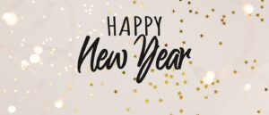 a happy new year card with gold stars