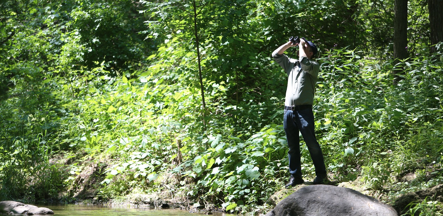 a man standing on top of a rock next to a river