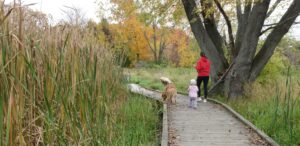 a woman and a child walking a dog on a path