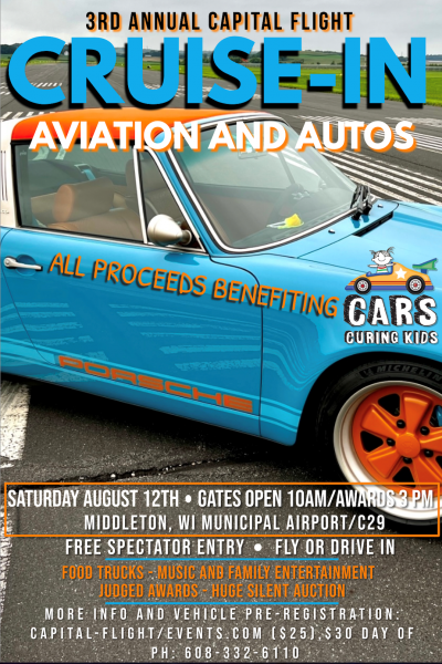 a poster for a car show with a blue car.