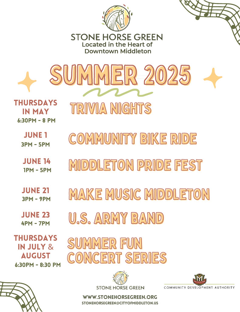 Vibrant event poster for Stone Horse Green’s Summer 2025, highlighting trivia nights, a community bike ride, pride fest, music events, and concerts—celebrating community in our lively green space with dates and times included.