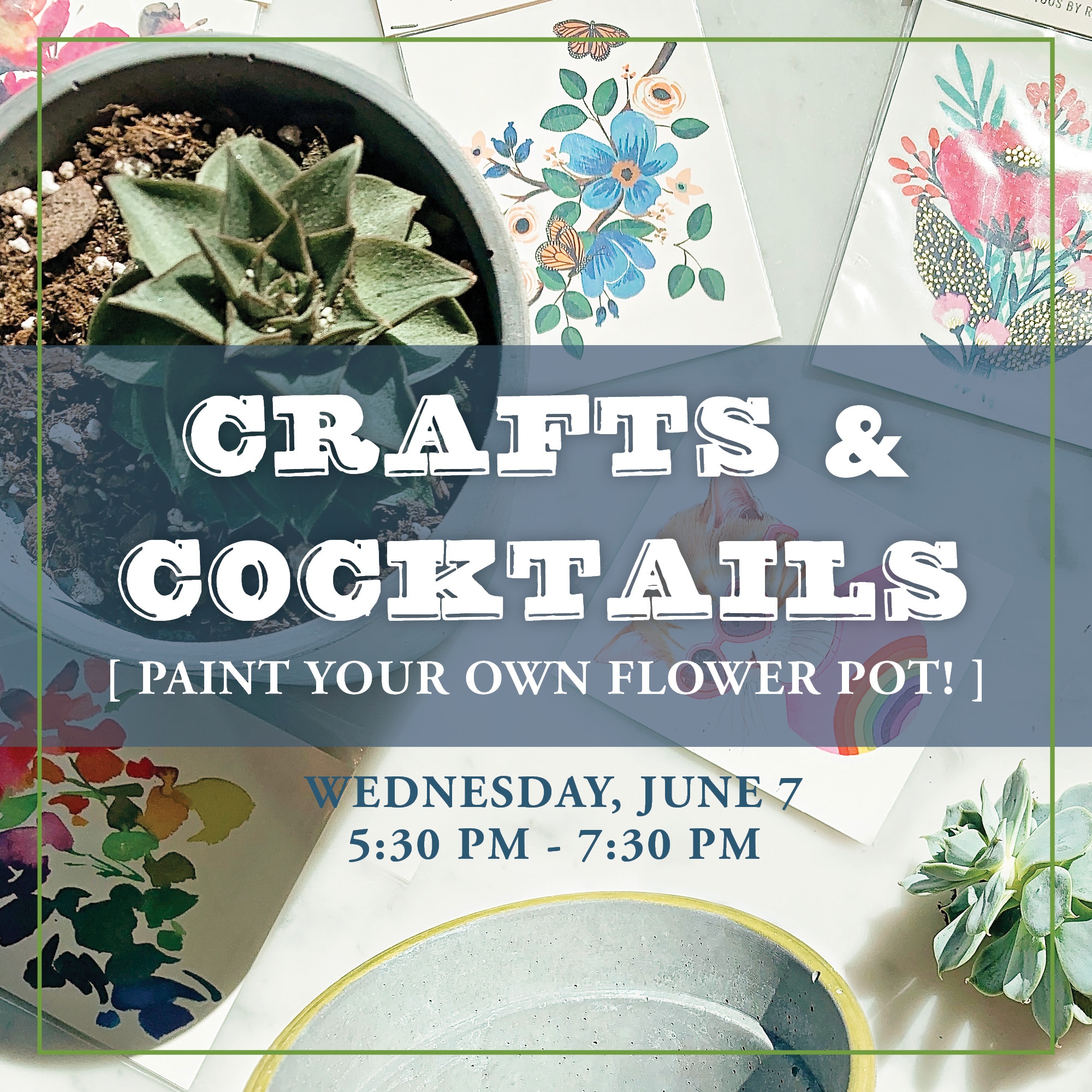 a poster for crafts and cocktails on a table.