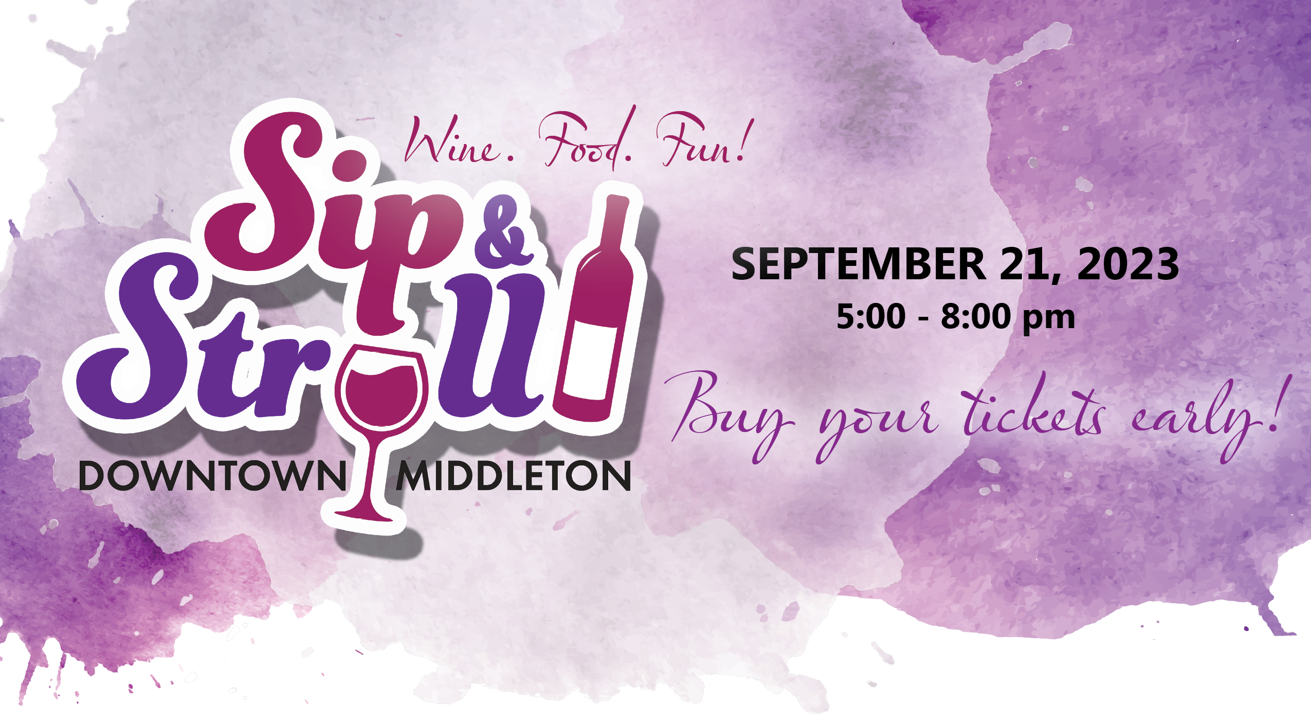 The logo for sip and stroll in downtown middleton.