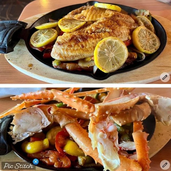 Two pictures of crabs on a plate with lemon wedges.