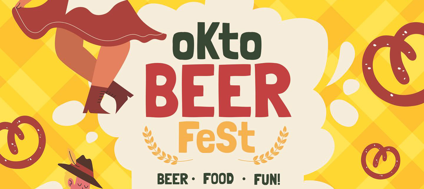 Okto beer fest poster with a woman and pretzels.