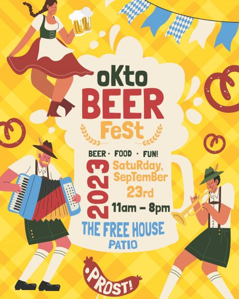 Okto beer fest poster with people playing instruments.