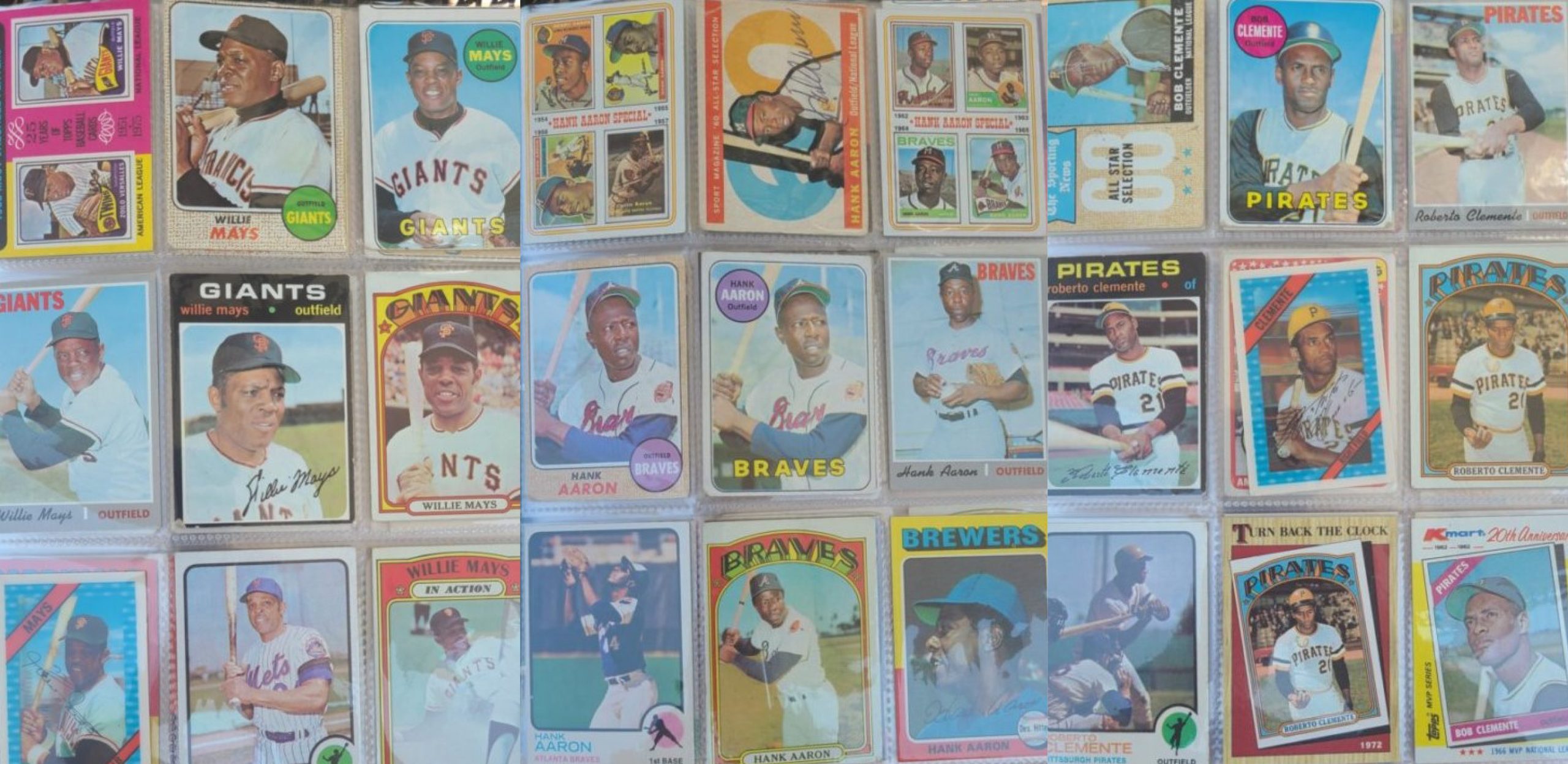 A collection of baseball cards in a display case.