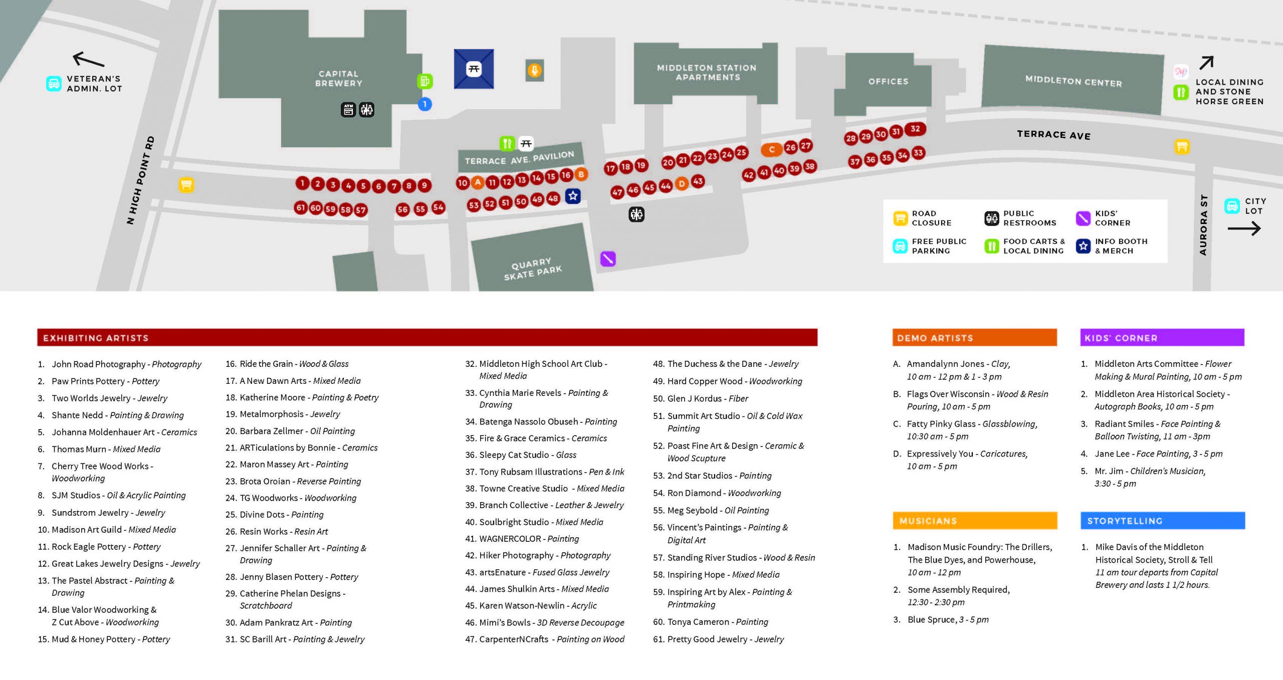 Explore the downtown art walk with this festival map featuring labeled buildings, colorful booth icons for artists, food, music, kids' activities, restrooms, and a legend listing exhibit and performance areas at the vibrant art fair.