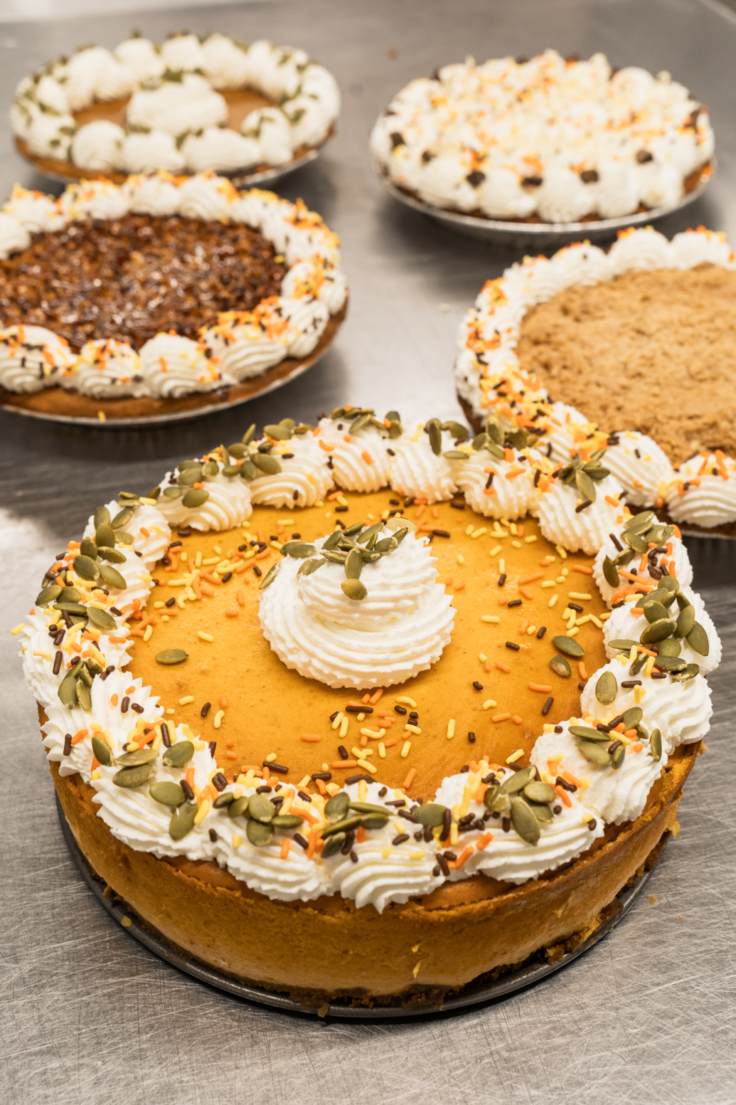 A group of pumpkin pies on a table.