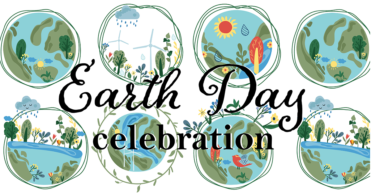 Illustration featuring six circular vignettes depicting diverse ecosystems, with "Middleton Earth Day celebration" text across the center in decorative font.