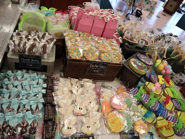 Assorted Easter-themed chocolates and treats on display for sale.
