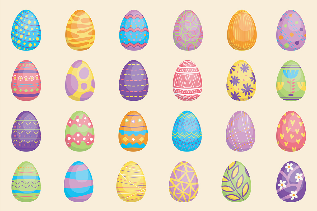 Colorful easter eggs on a beige background. Stock art.