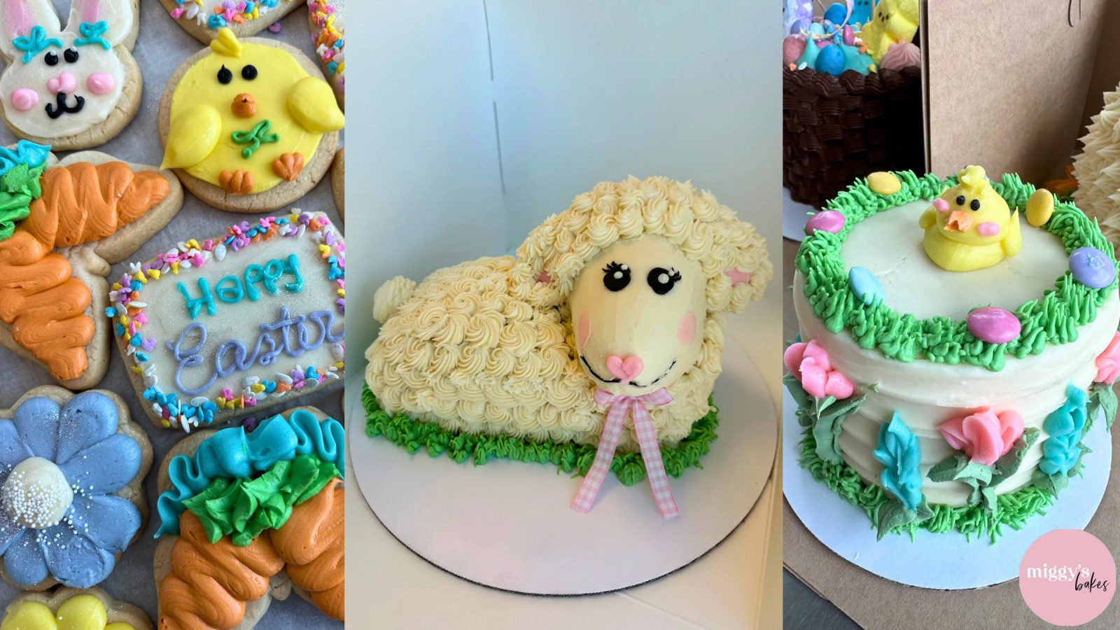 Assorted springtime treats include Easter-themed baked goods like decorated cookies, a lamb-shaped cake, and a round cake with a chick topper.