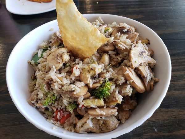 A bowl of fried rice with chicken, mushrooms, bell peppers, and broccoli, garnished with a crispy wonton chip.