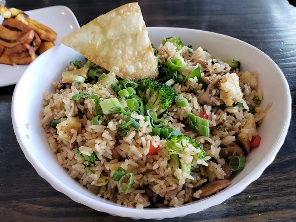 A bowl of vegetable fried rice garnished with green onions, served with a crispy wonton and side of plantains on a wooden table.