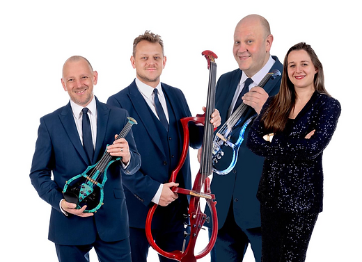 Four musicians holding colorful string instruments, smiling against a white background.