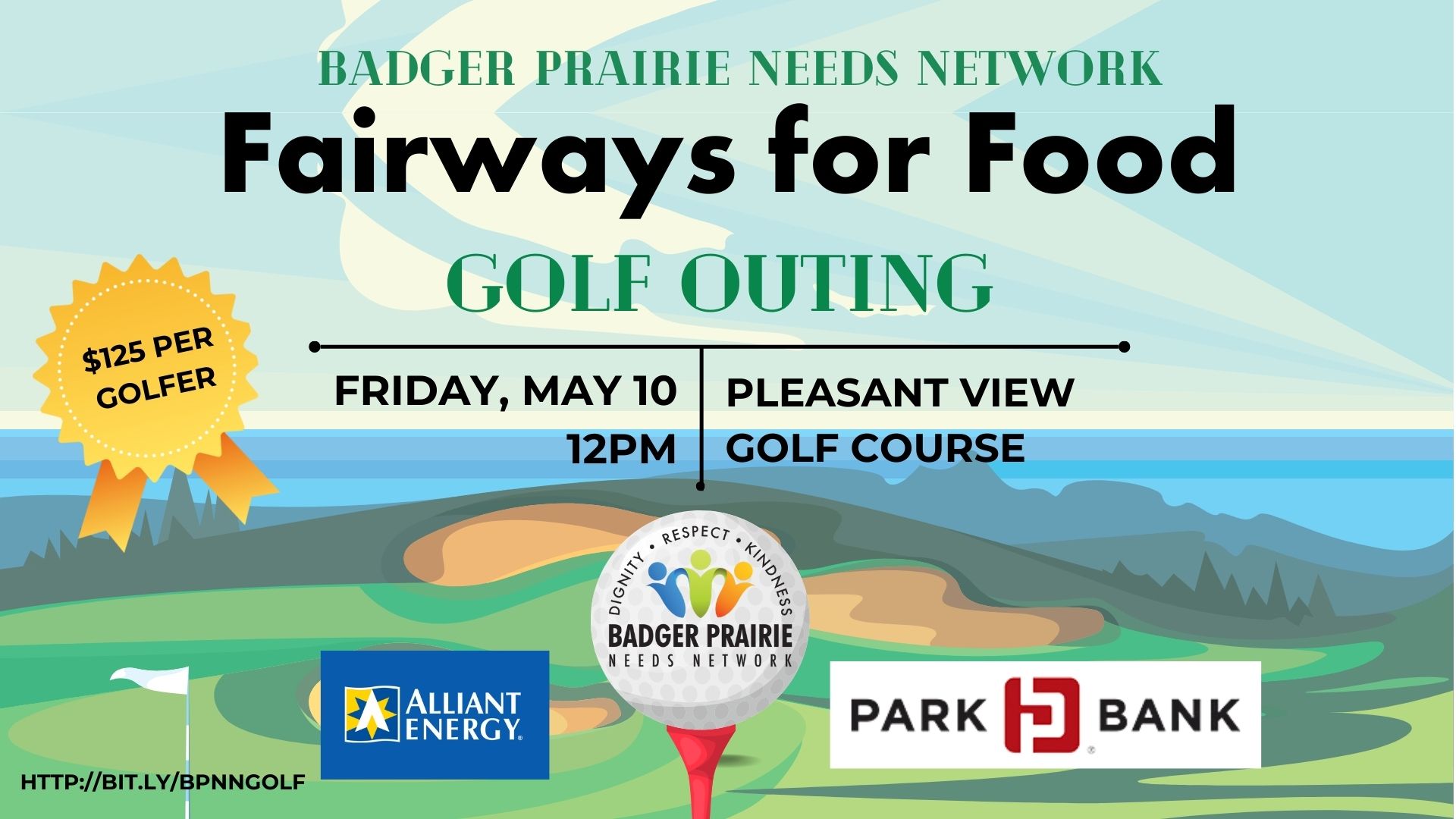 Promotional poster for badger prairie needs network's "fairways for food" golf outing event at pleasant view golf course, listing details including date, time, and sponsors.