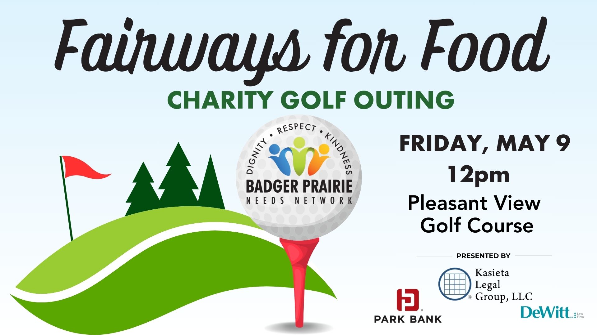 Graphic for "Fairways for Food" charity golf outing, featuring event details, logos, and a golf ball set against a stylized green landscape with a flag.