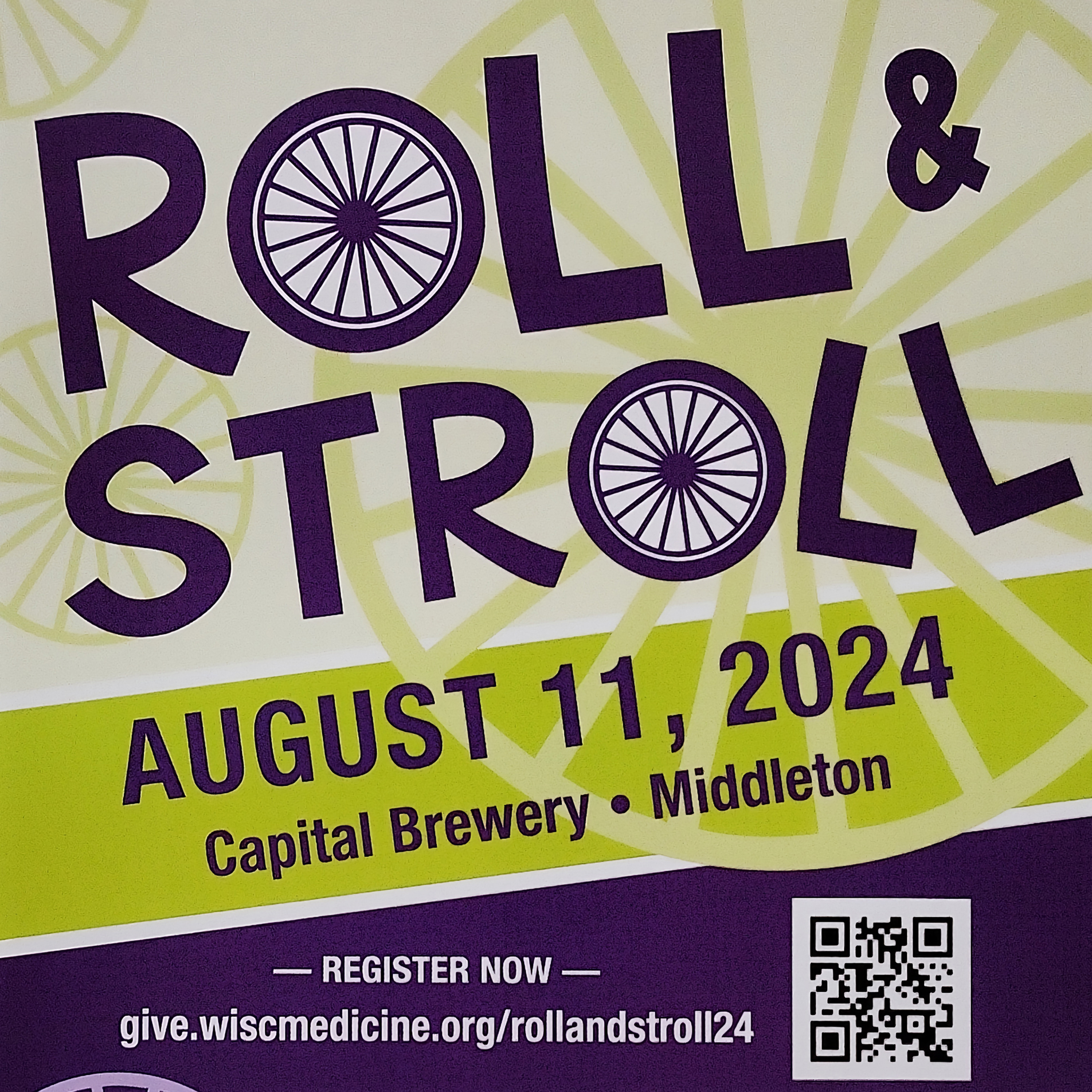 Promotional poster for the "roll & stroll" event on august 11, 2024, at capital brewery in middleton, featuring event details and a qr code for registration.
