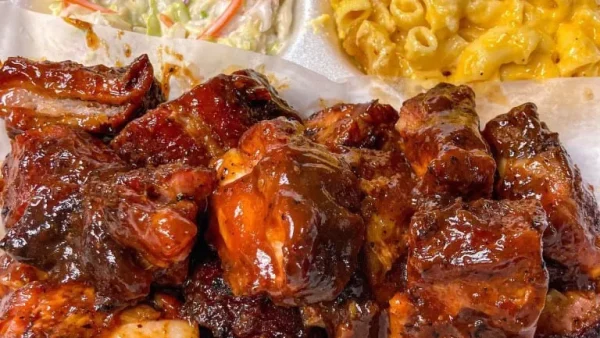 Platter of barbecued ribs with glossy sauce, accompanied by sides of coleslaw and macaroni and cheese.