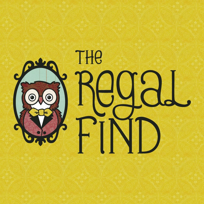 Logo of "the regal find" featuring a stylized owl wearing a bow tie on a yellow patterned background.