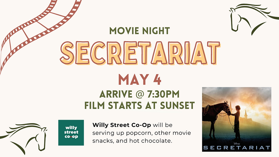 Promotional poster for a movie night featuring "secretariat," with event details and an offer of snacks from willy street co-op.