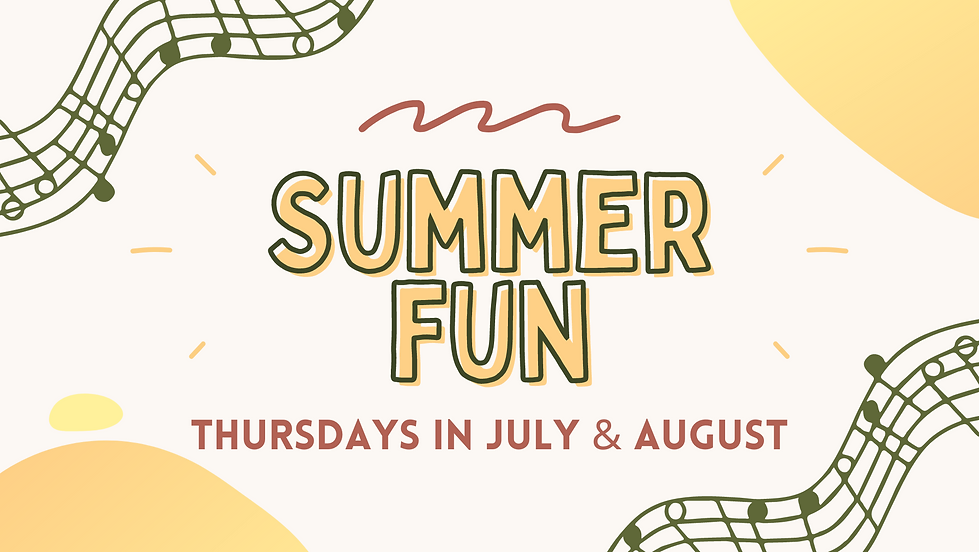 Graphic titled "summer fun", featuring bold text with fun events on thursdays in july and august, adorned with wavy lines on a light yellow background.
