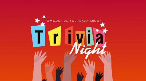 A colorful "Trivia Night" poster with the text "How much do you really know?" and raised hands reaching towards the words.