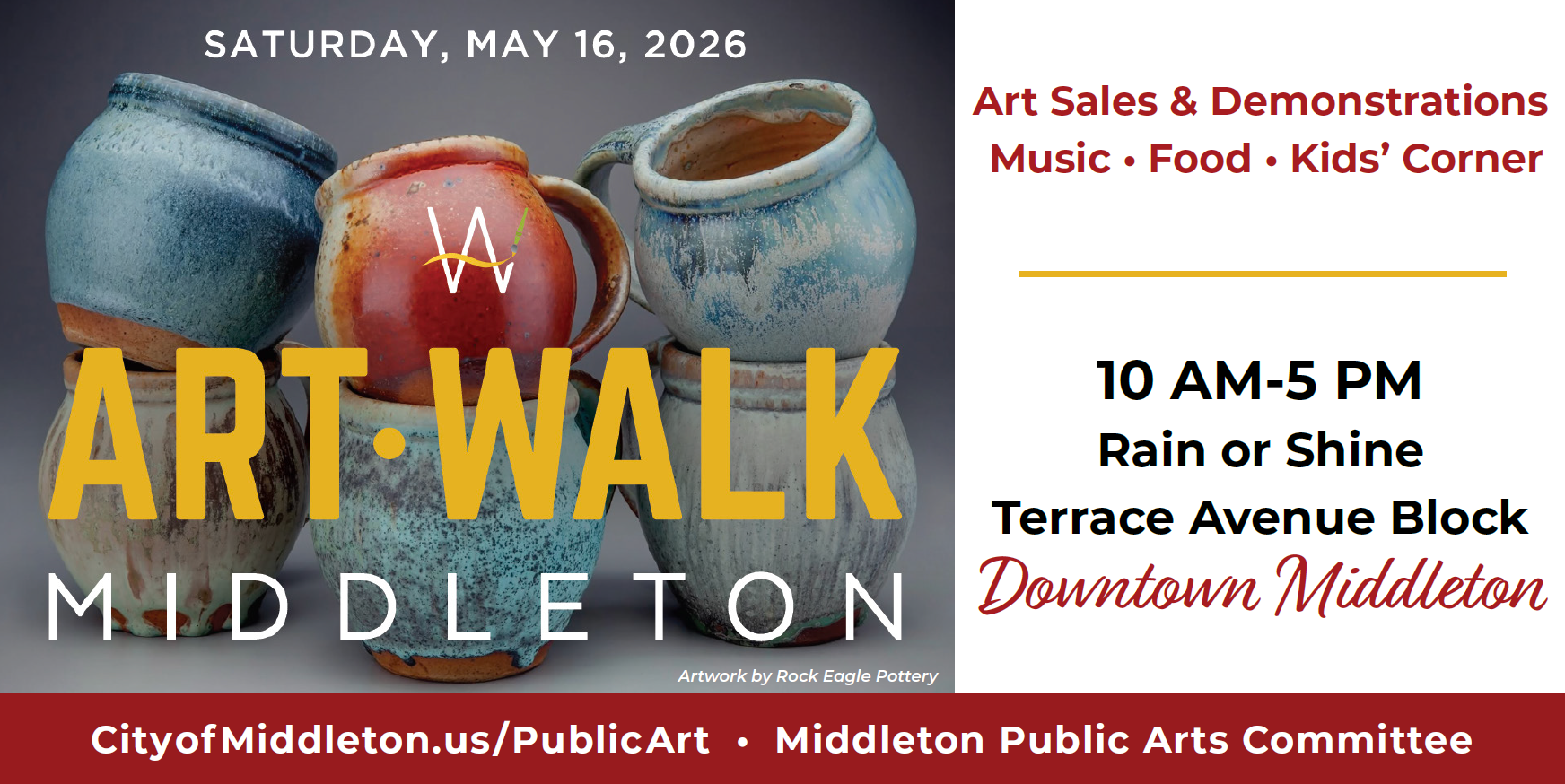 Event flyer for Art Walk Middleton, a vibrant downtown art walk and art fair featuring ceramic pottery, event details, date, time, and website information on a colorful background.
