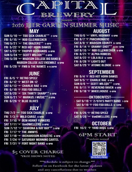 Capital Brewery 2024 Bier Garten Summer Music schedule listing bands, dates, and times for live music events from May to October on a blue and purple concert-themed background.