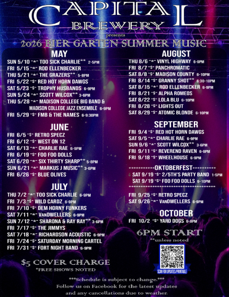 Capital Brewery 2024 Bier Garten Summer Music schedule listing bands, dates, and times for live music events from May to October on a blue and purple concert-themed background.
