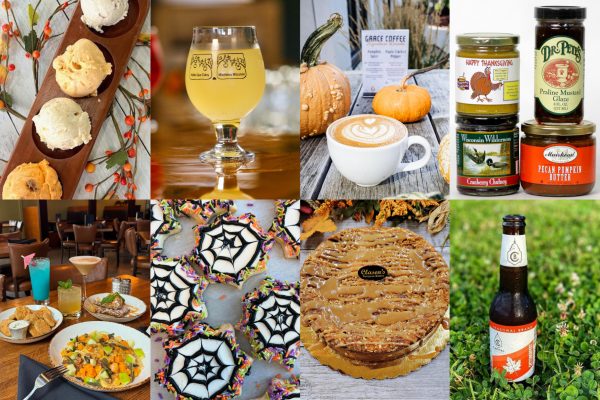 A collage of autumn-themed foods and drinks, including cupcakes, cider, coffee, jams, croutons, decorated cookies, a caramel apple, and a maple beer, with seasonal decorations.