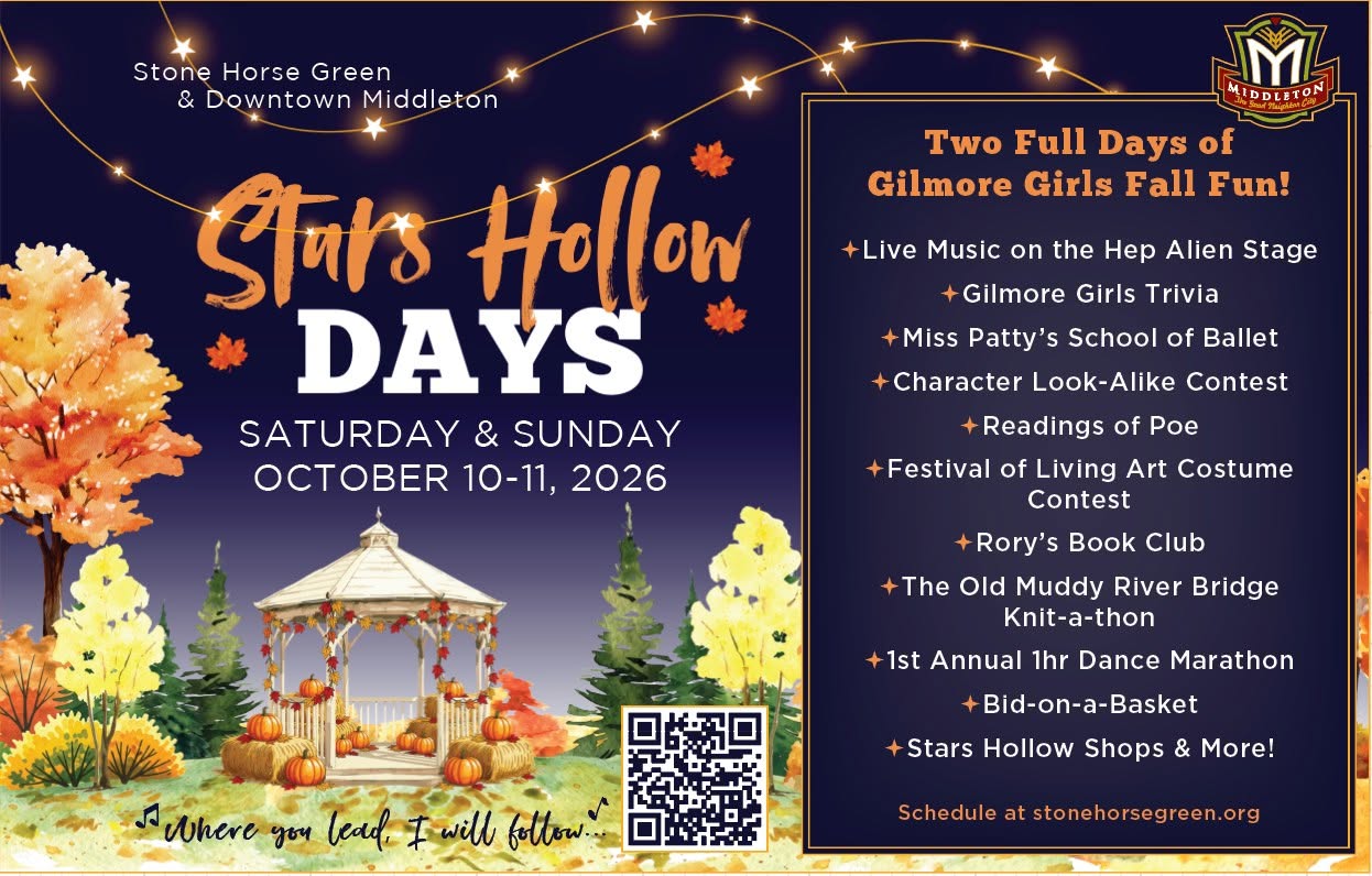 Sign reading “Stars Hollow Days: A Gilmore Girls themed event” with autumn leaves background, coffee cups, and event details including live music, a Stars Hollow look-alike contest, and bonfire.
