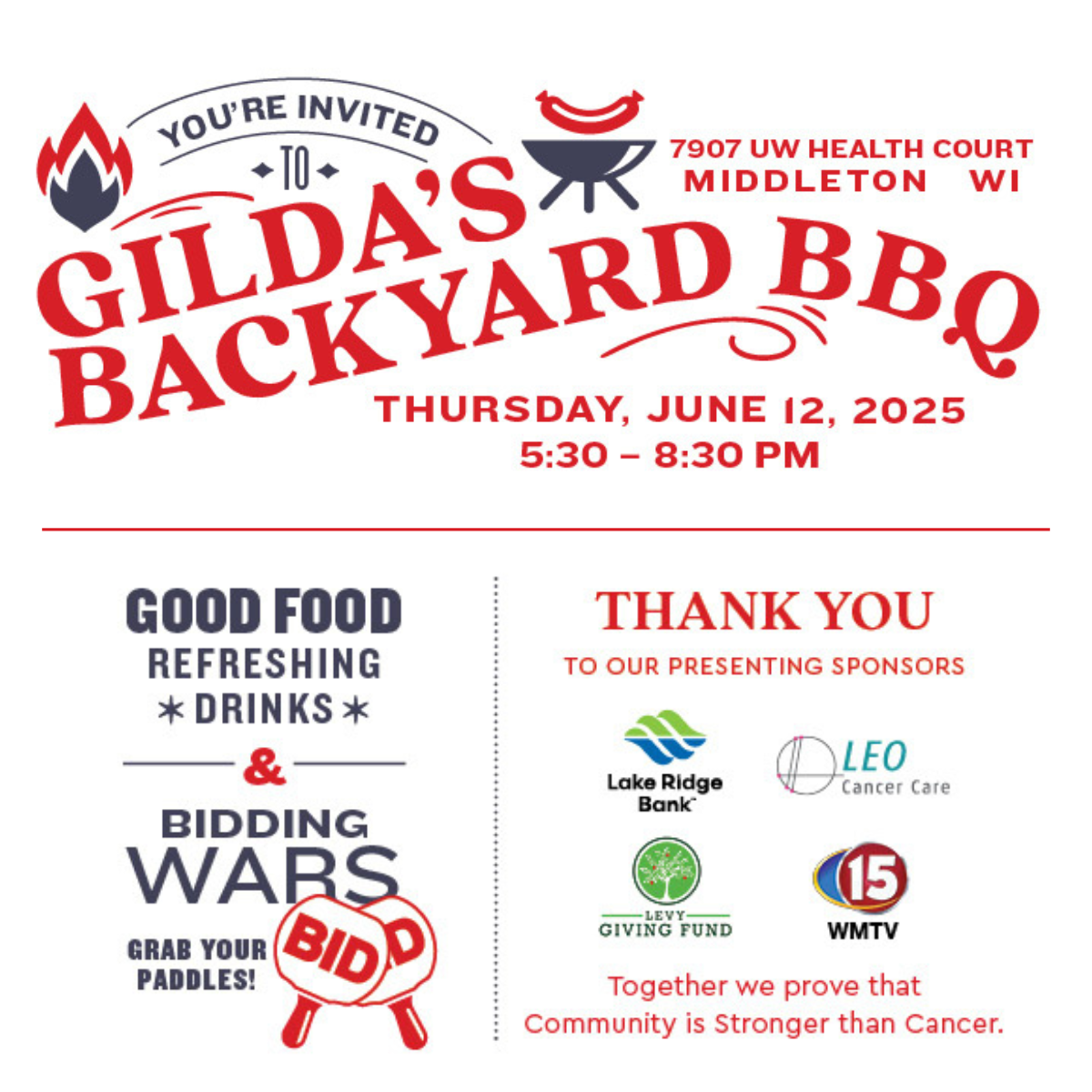 Invitation for "Gilda's Backyard BBQ" on June 12, 2025, in Middleton, WI. Features food, drinks, and bidding wars. Sponsors listed include Lake Ridge Bank, LEO Cancer Care, and WMTV.