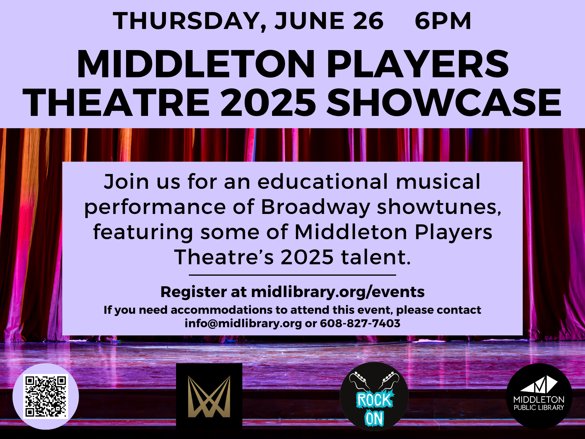 Event flyer for Middleton Players Theatre 2025 Showcase on June 26 at 6 PM, featuring Broadway show tunes by local talent. Includes registration and contact information.