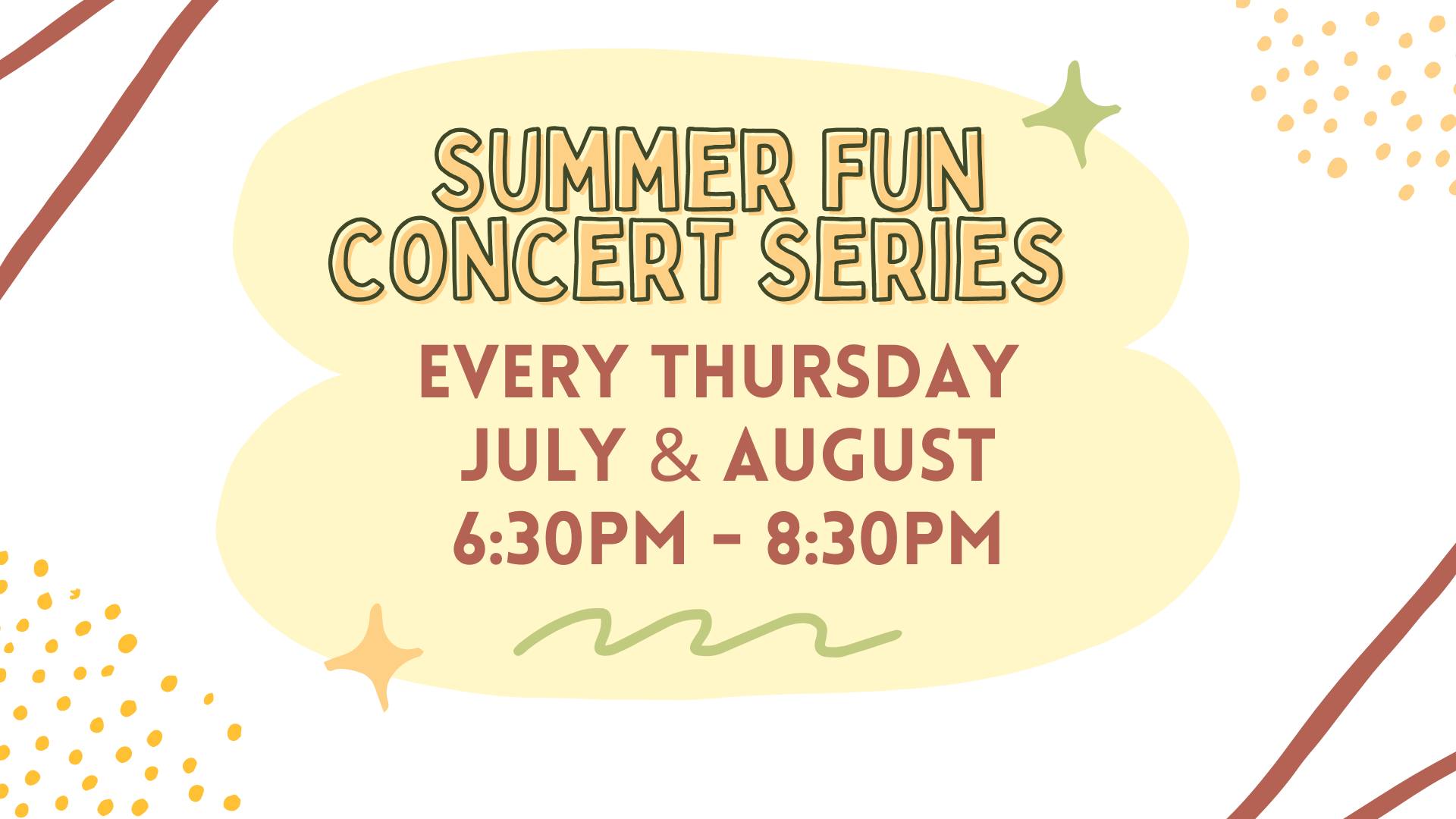 Summer Fun Concert Series promotion; every Thursday in July and August from 6:30 PM to 8:30 PM, with abstract decorative elements in the background.