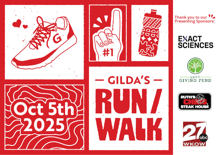 Red and white event graphic for Gilda’s Run/Walk on October 5th, 2025, featuring sponsor logos and illustrations of a sneaker, foam finger, and water bottle.