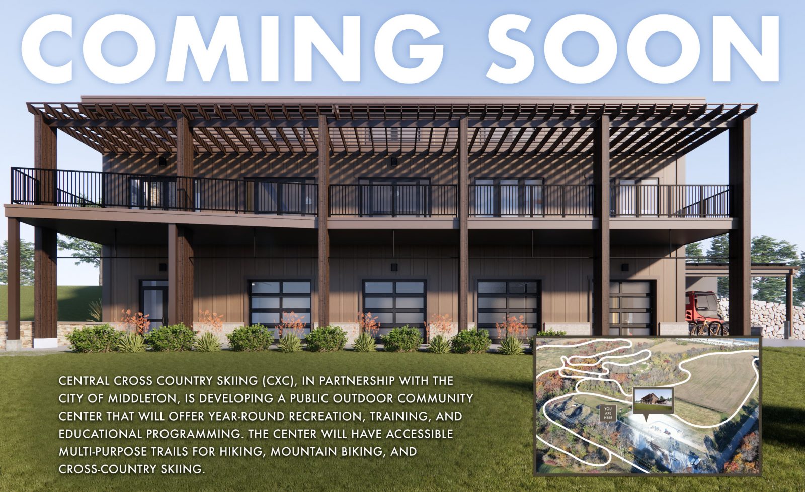 Rendering of a two-story outdoor community center with large windows, a wooden pergola, and balconies, with "COMING SOON" text above and a small site map in the bottom right corner.