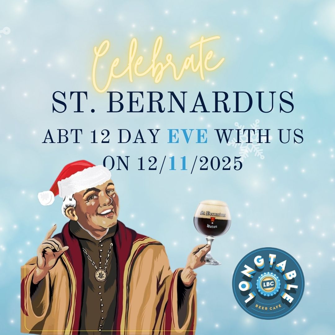 Illustration of a person in a Santa hat holding a beer, promoting a St. Bernardus ABT 12 celebration event on 12/11/2025 at Longtable Beer Cafe.
