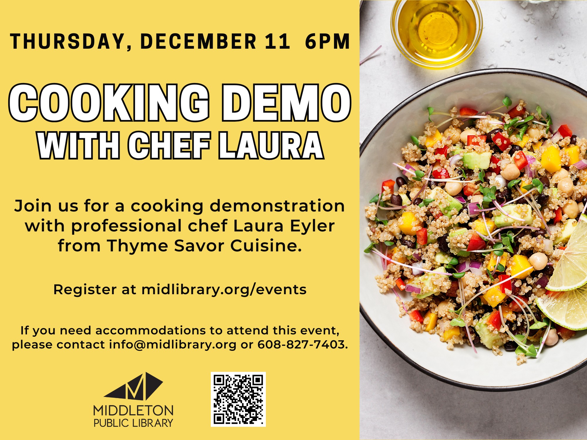 Flyer for a cooking demo with Chef Laura on December 11 at 6pm, featuring a colorful bowl of quinoa salad and event details from Middleton Public Library.