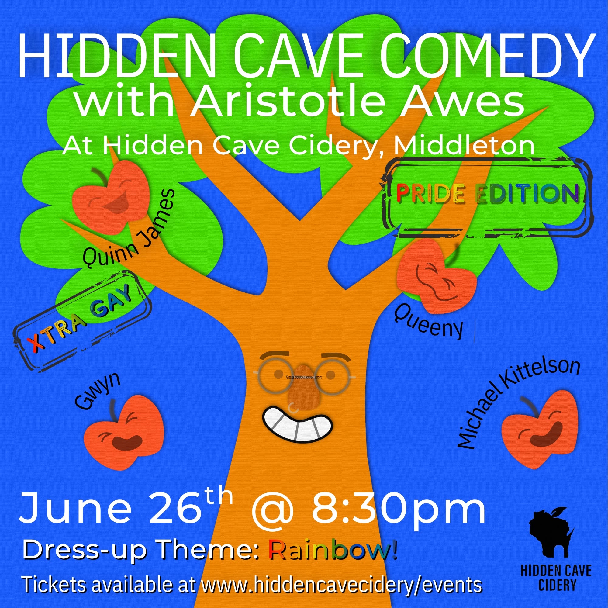 A colorful cartoon tree with faces on apples advertises "Hidden Cave Comedy: Pride Edition" on June 26 at 8:30pm at Hidden Cave Cidery, featuring multiple comedians.