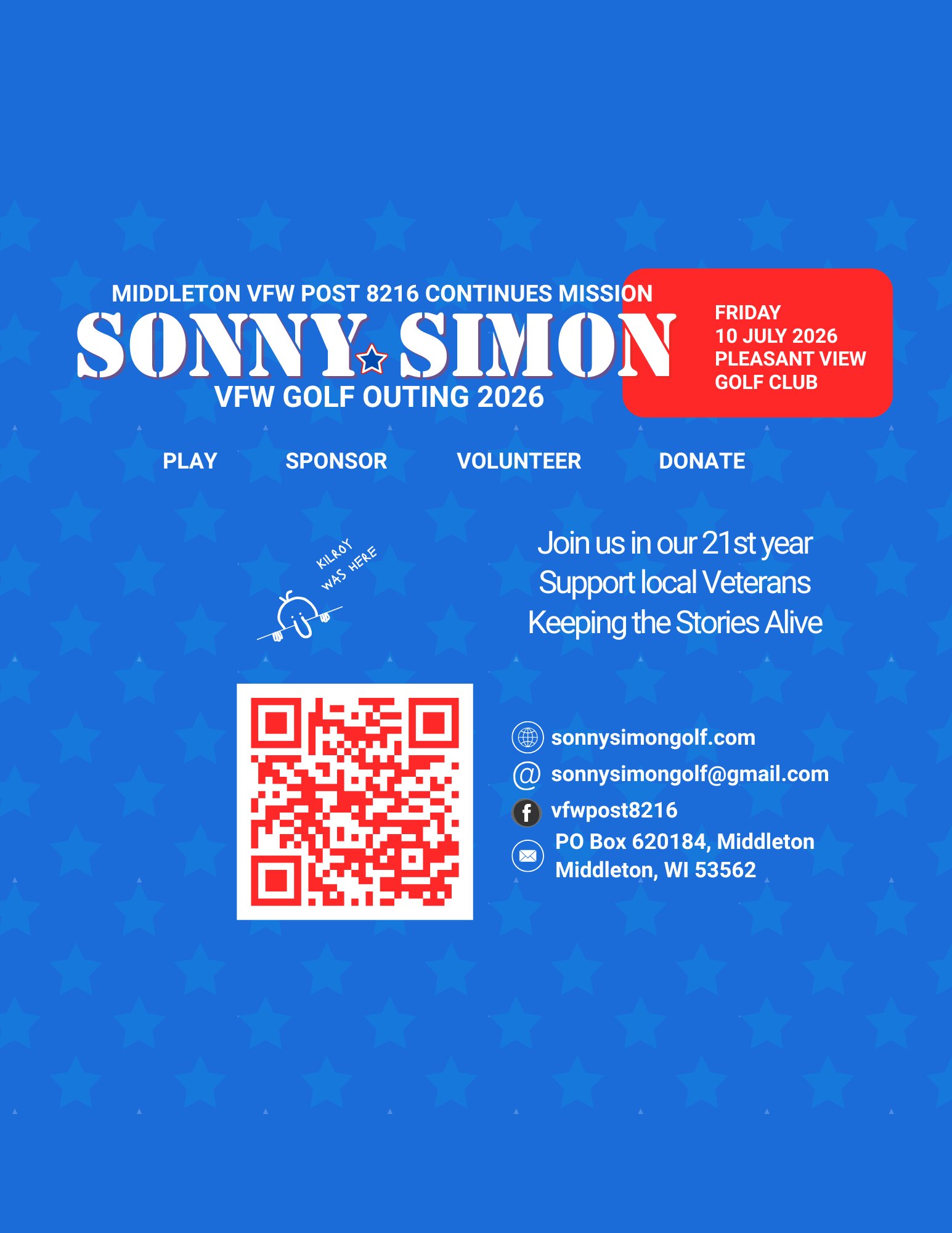 Blue flyer for Sonny Simon VFW Golf Outing 2026 with event details, QR code, contact info, and call to support local veterans, hosted by Middleton VFW Post 8216.
