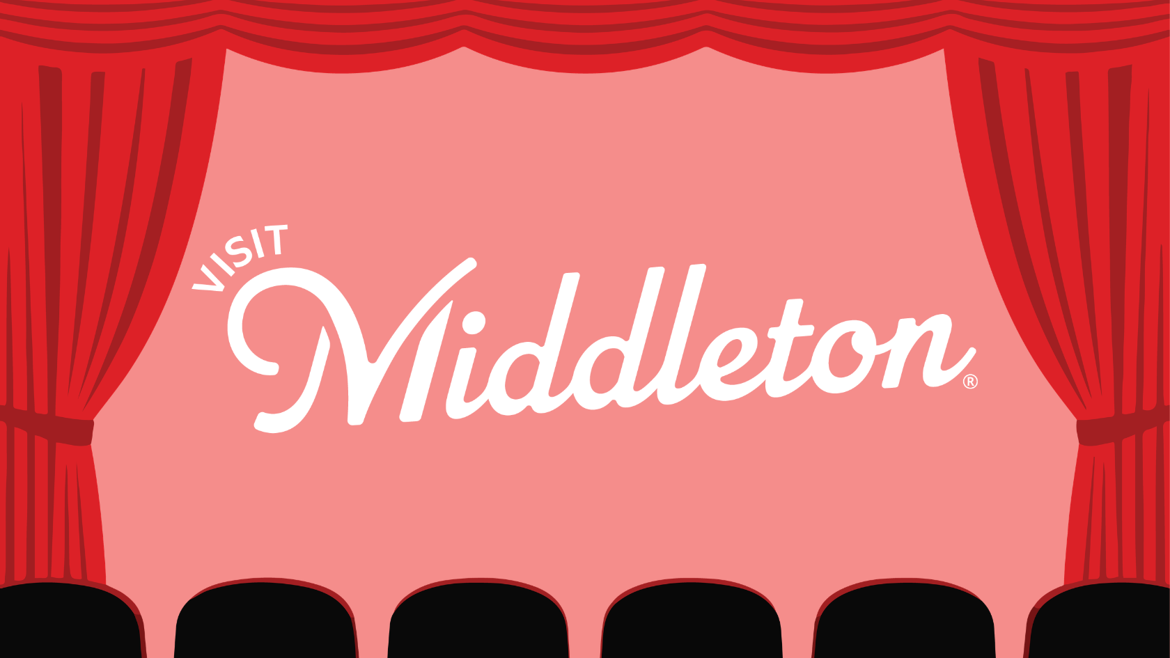 Red theater curtains frame a pink stage with the words "Visit Middleton" in white cursive text, above a row of black theater seats.